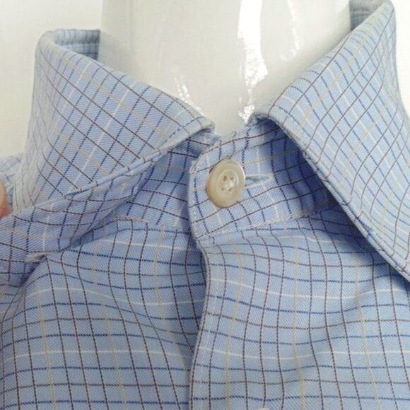 ERMENEGILDO ZEGNA Shirt, XL, Blue, Tattersall plaid, Button down Collar, LS - Picture 7 of 14
